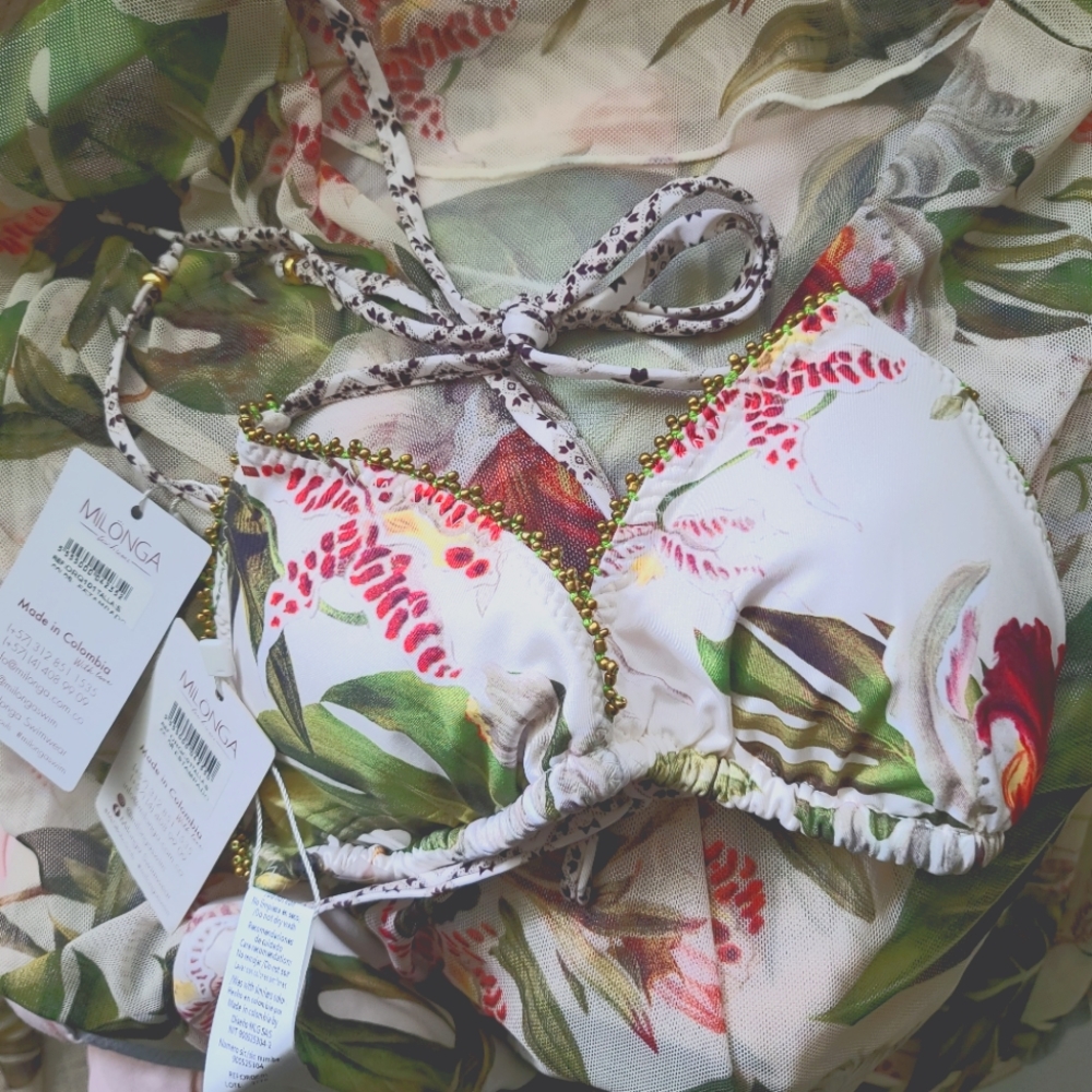 NWT Milango Orquideas Blouson One Piece Set With Halter Triangle Bikini Top Sz S